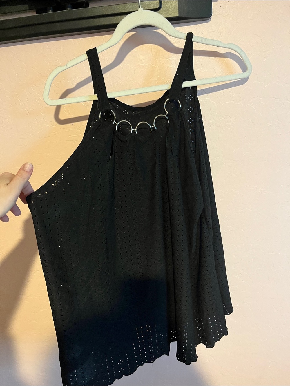 Black Eyelet Halter Tank with Ring Detail